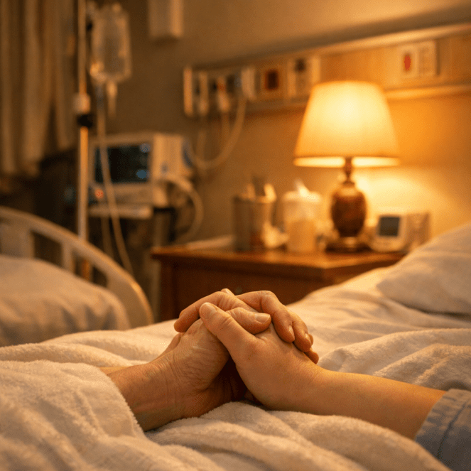 Two people holding hands on a hospital bed with warm bedside lamp